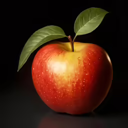 an apple with a leaf is shown on the dark background