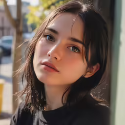a woman with long hair and a black shirt