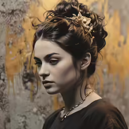 a young woman with a large necklace and flower in her hair