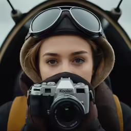 a person holding a camera with goggles on their head