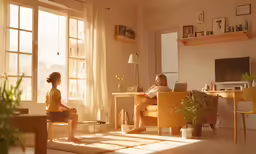 two young girls sitting at a table looking out a window