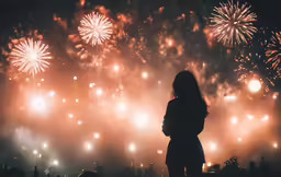 a woman looks at the fireworks on the sky