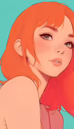 a woman with red hair and a pink top