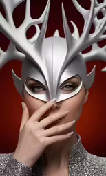woman with a silver mask and silver antlers on her head