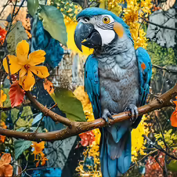 a parrot sits on a branch near a yellow flower