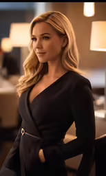 a woman standing in front of a chair with a lamp