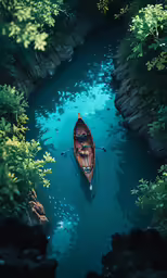 a red boat is floating on the river