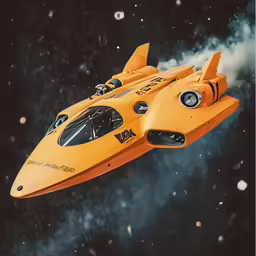 an old fashioned yellow ship flying in the sky