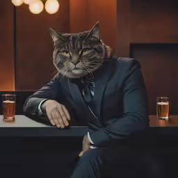 a man in a suit sitting at a table with two glasses