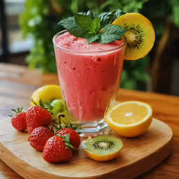a smoothie with kiwi and lemon wedges sits on a wooden board
