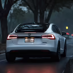 a white electric sports car driving on the road at night