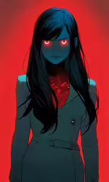 a woman in black clothing with red eyes