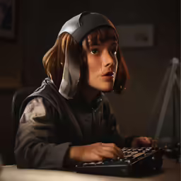 a woman in an astronaut helmet working on a computer