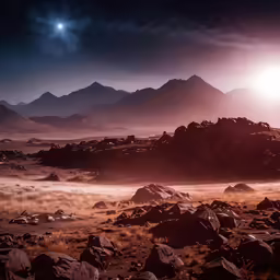 a landscape with rocks and plants around it at night