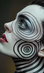 an woman with a black and white face painted with a spiral pattern