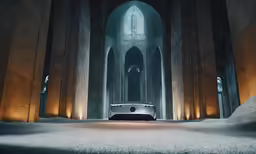a futuristic car in front of an illuminated building
