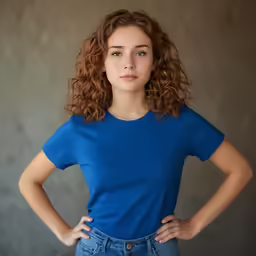 woman with curly hair wearing blue shirt posing