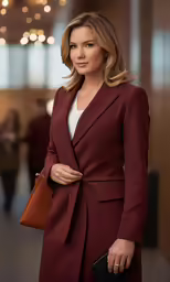 a beautiful blond woman wearing a red suit and bag