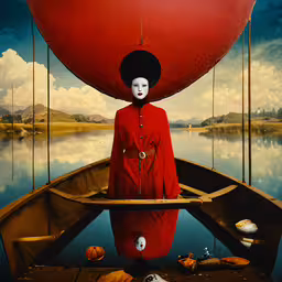 a woman in a red coat and mask stands on a boat,a mannequin is standing in a boat wearing a red coat and a hat