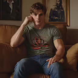 a man sitting on a couch next to paintings