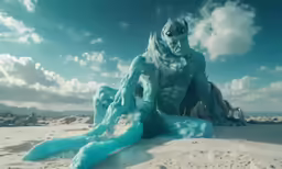 a blue man made with ice on the beach