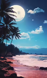 a beach with palm trees and the ocean under a full moon