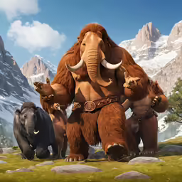 a group of fake mammoths standing on a grassy field with snow covered mountains