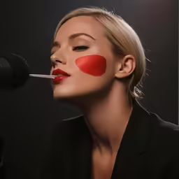 a woman with a lip painted like a fighter with a knife in her mouth