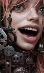 an illustration of a woman smiling while wearing machine parts