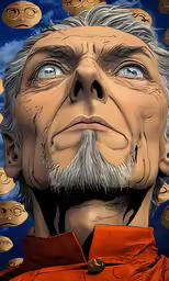 the head and shoulders of an older man in front of coins