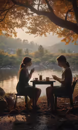 two women sitting at a table sharing a meal