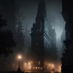 a very tall tower with a clock at the top on a foggy night