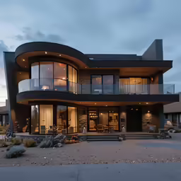 a modern looking home sits near a parking lot