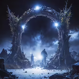 the dark picture shows a large wooden arch surrounded by moss
