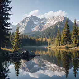 trees and mountains reflect in the water of a lake