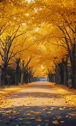 the road is lined with many leaf covered trees
