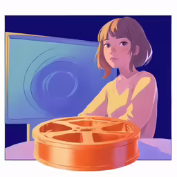 a young girl sitting at a table with some type of orange object in front of her