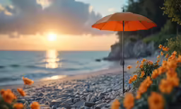 an umbrella is setting on the rocky shore at sunset