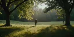 a woman walking down the middle of a grass covered field