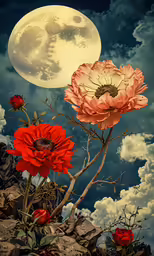 three red flowers are on a large rock next to a full moon