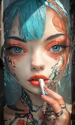 a painting shows an image of a woman with her face painted in white and blue hair