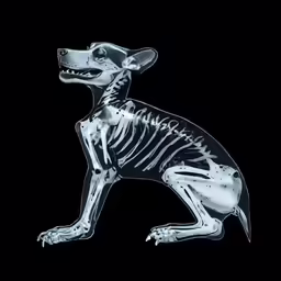 a 3d rendering of a dog skeleton is pictured in a black background