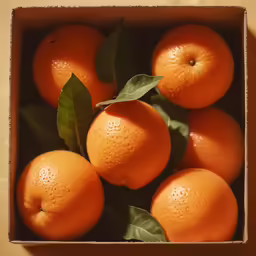 a bunch of oranges sit inside of a cardboard box