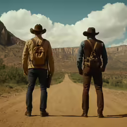 two men standing on the road one in a cowboy hat