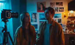 a young man and woman are standing together in a room