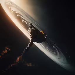a digital artwork of a person in space near a large object