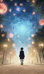 an anime girl looks at the sky full of lights