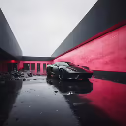 a ferrari car sits parked in front of red colored buildings