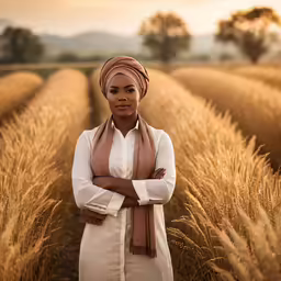 a woman stands in a field of wheat