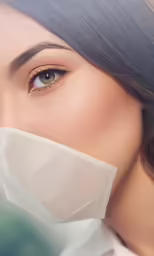 the face of a woman wearing a white mask